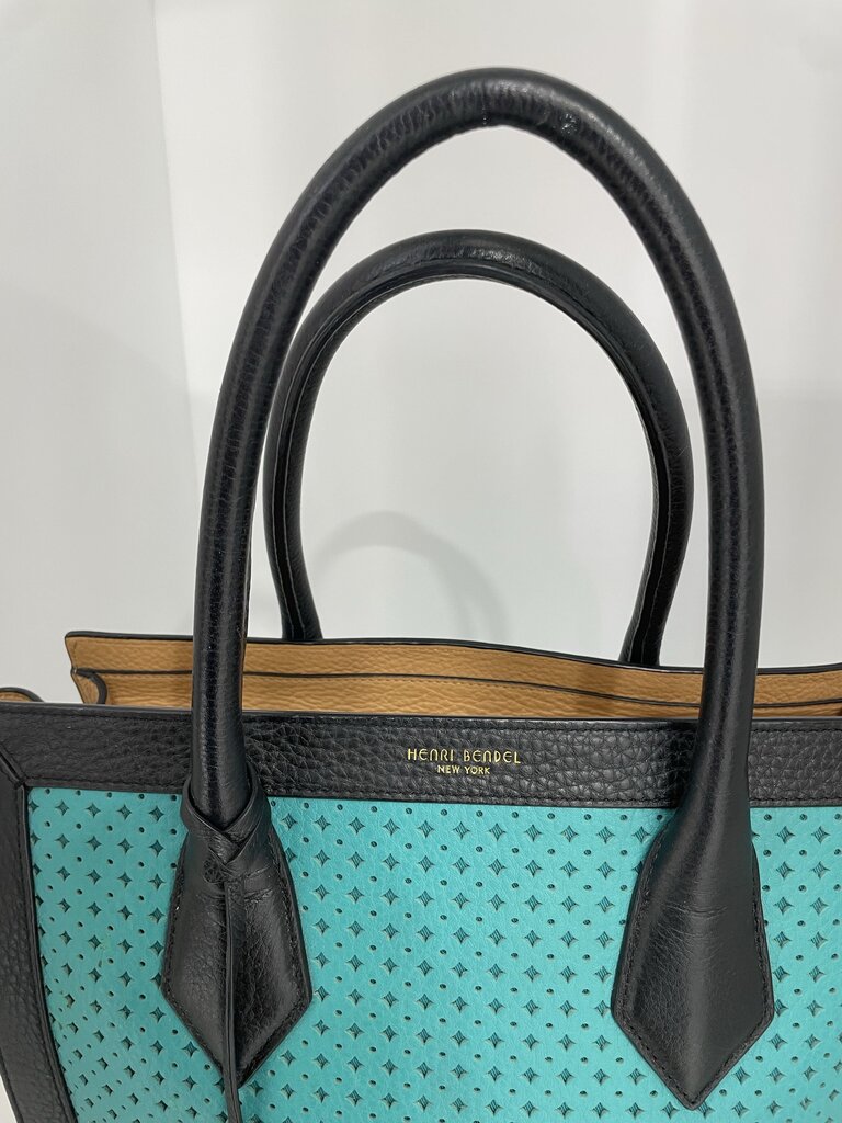 Henri Bendel Turquoise Black Rivington Perforated Tote Bag