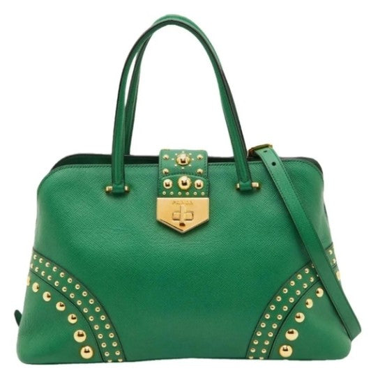 Prada Green Saffiano Cuir Leather Studded Satchel